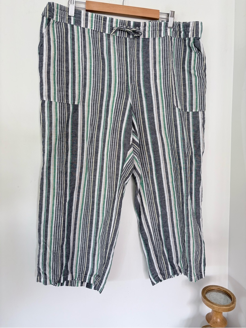 LIZ CLAIBORNE XL Linen Cotton Blue Green White Stripe Wide Leg Crop Pants Beach